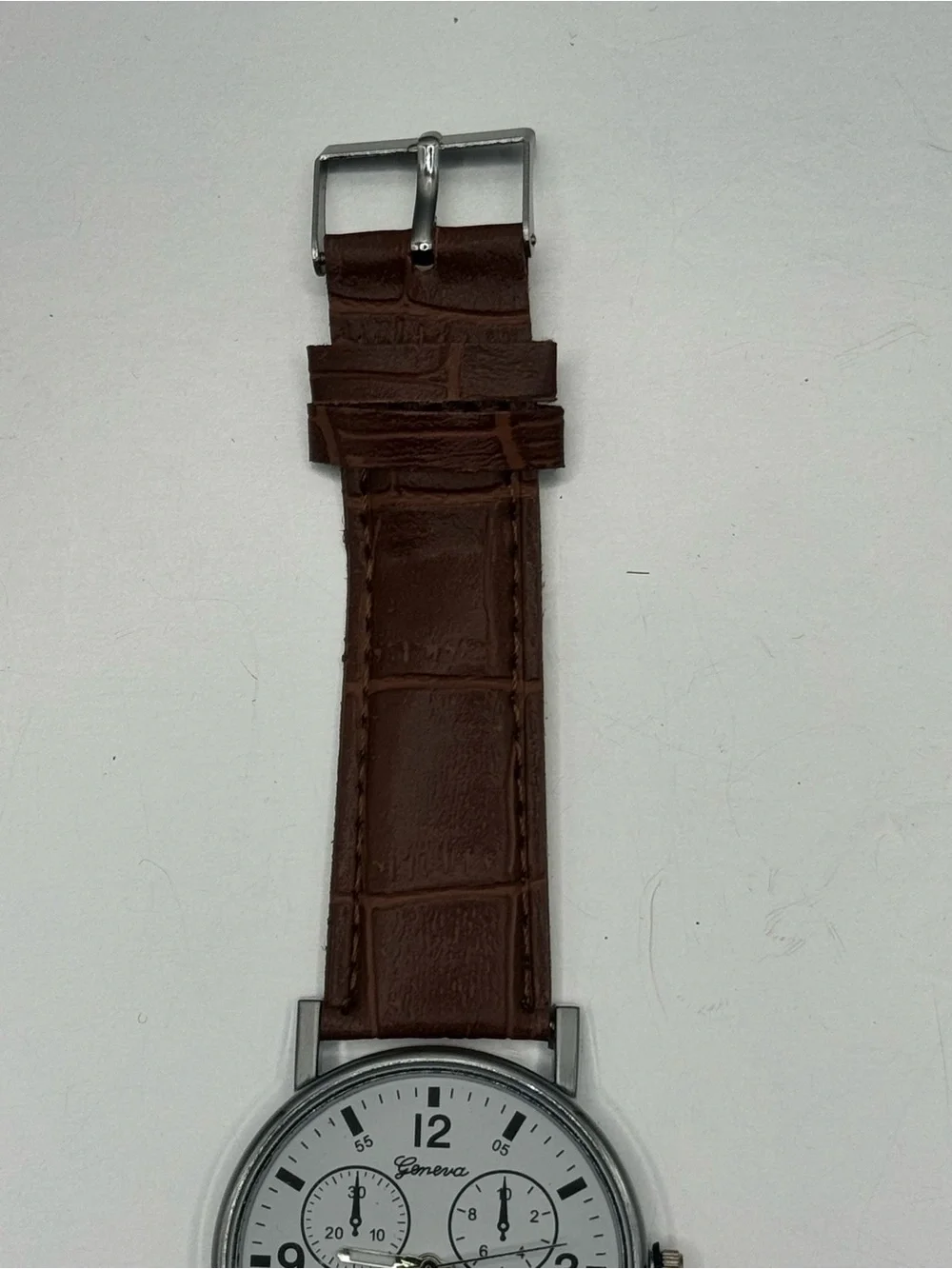 Geneva Silver Case White Dial Brown Faux Leather-Style Strap Watch